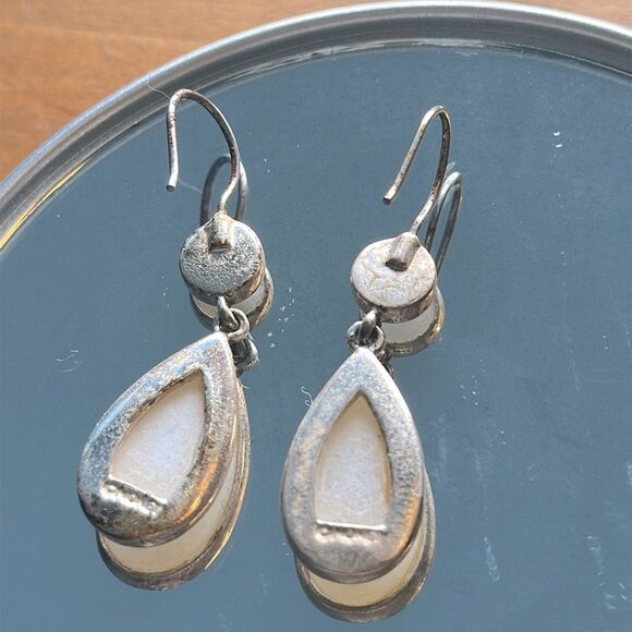 Mother of Pearl & Silver Tone Teardrop Wire Earrings - Picture 3 of 4